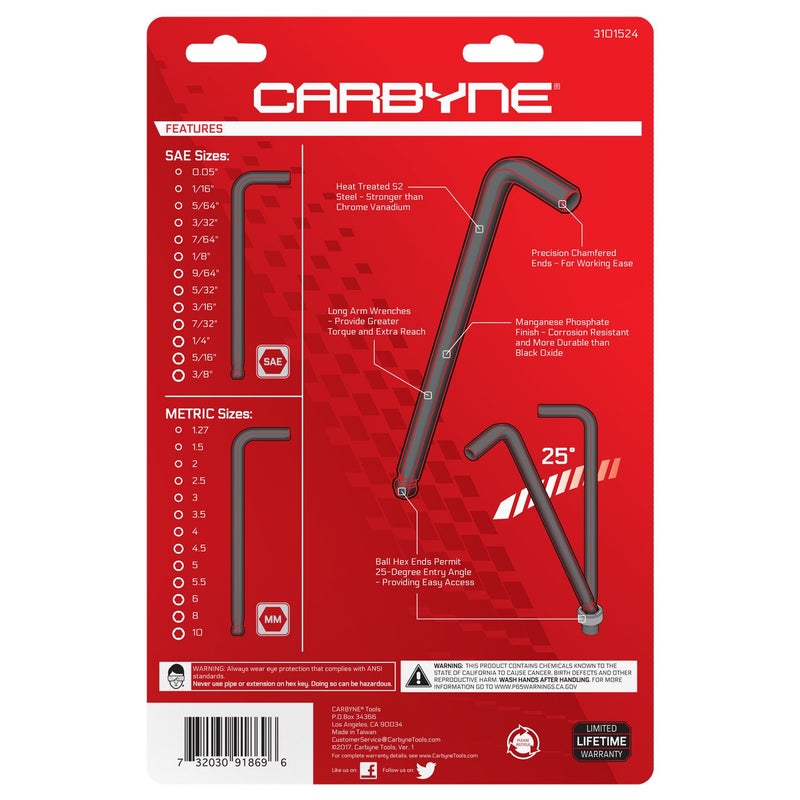 Carbyne 26-Piece Long Arm Ball End Hex (Allen) Key Wrench Set, Inch (SAE) / Metric. Includes 1.27mm-10mm and .05-3/8 Inch Sizes. Heat Treated S2 Steel - Image 3